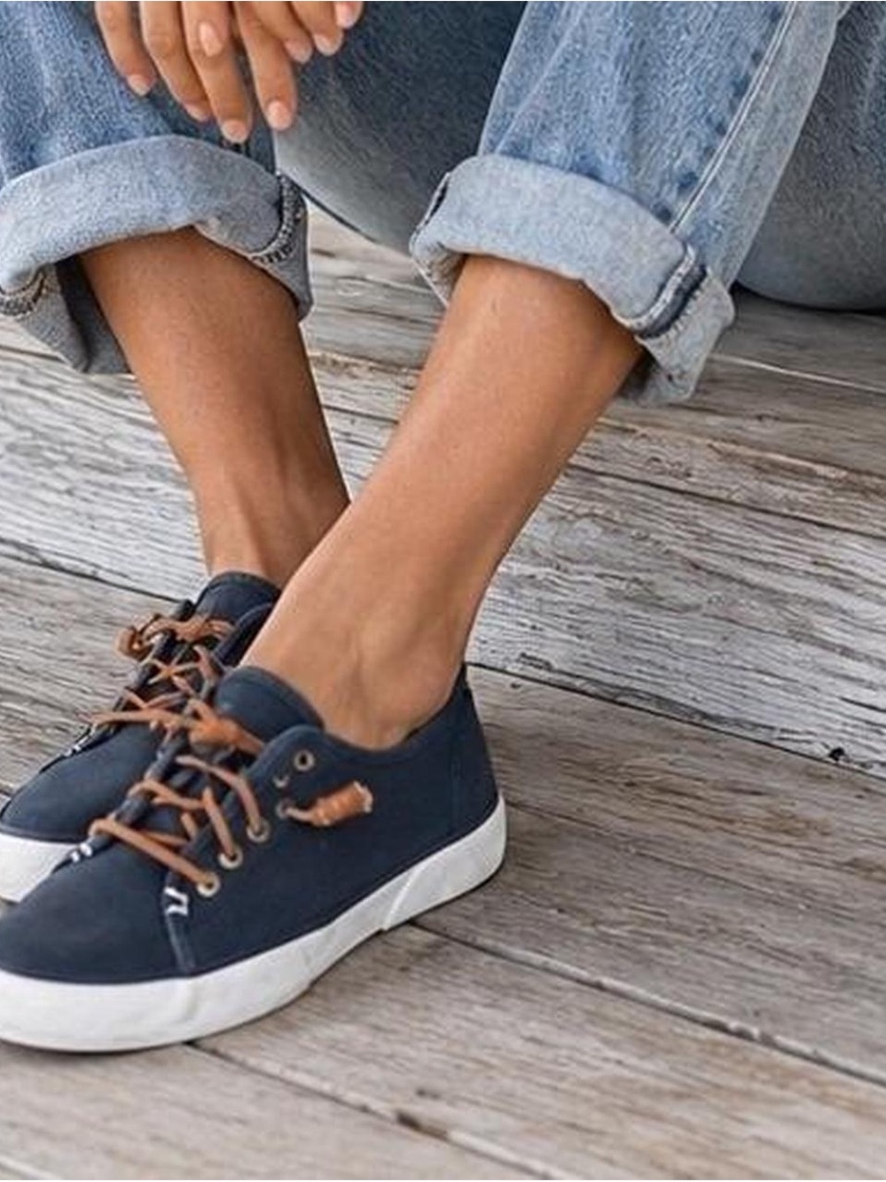 Sperry Navy Canvas Sneakers with Tan Laces